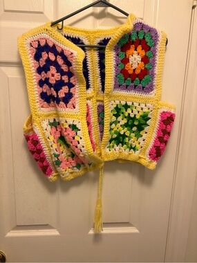 Handmade Multicolor Crochet Vest with Yellow Trim